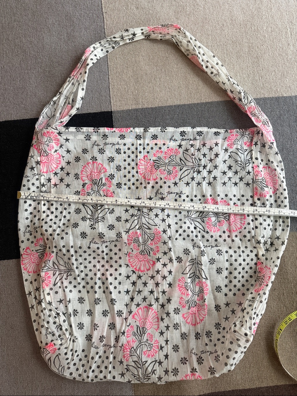 Free People Cream Canvas Tote with Coral Floral Black Dot Accents light weight
